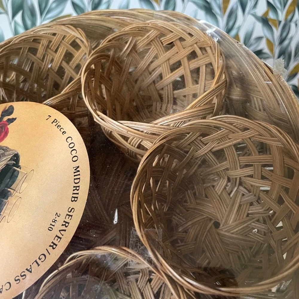 Linrose Vintage 1980 Coco Midrib 7 Piece Glass Carrier Set‎ Woven wicker rattan